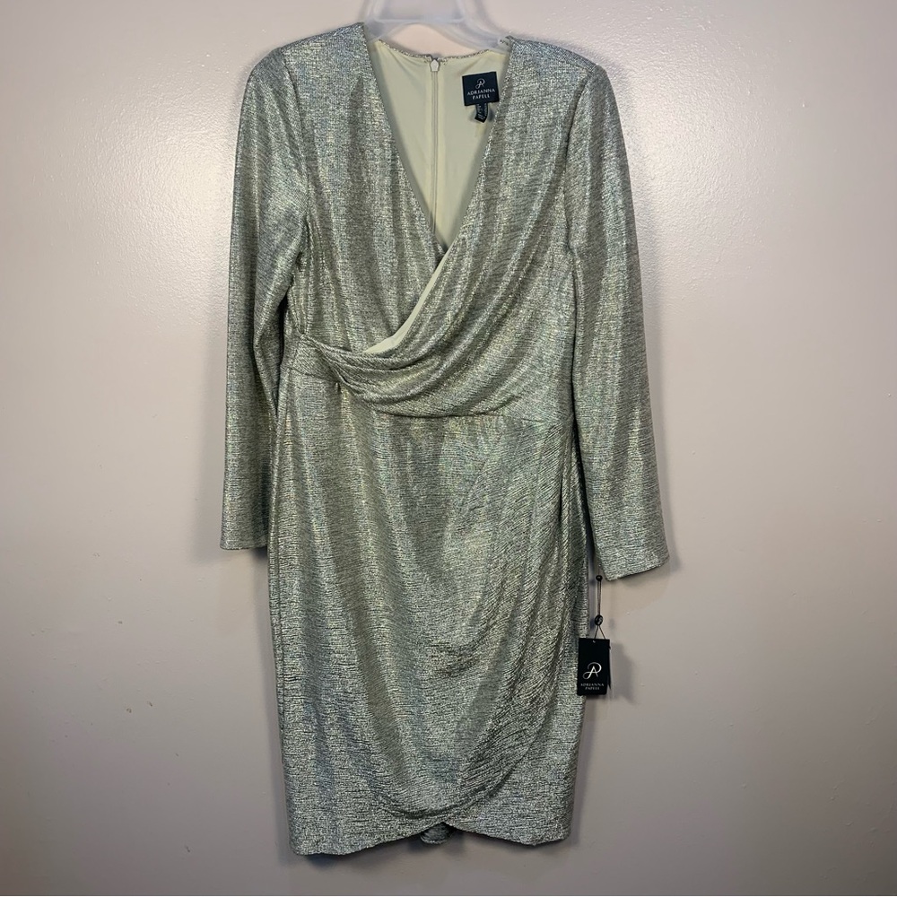 Adriana Papell Metallic Foiled Jersey Wrap Dress - Picture 2 of 13